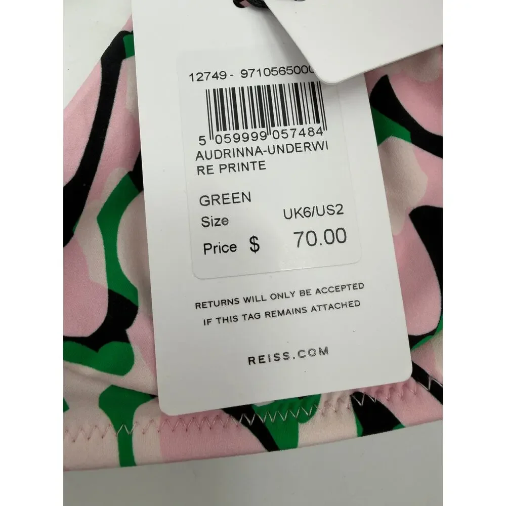 REISS Audrinna Bikini Top Size 2 NEW Pink Green $70 V Front Cups Tie Halter